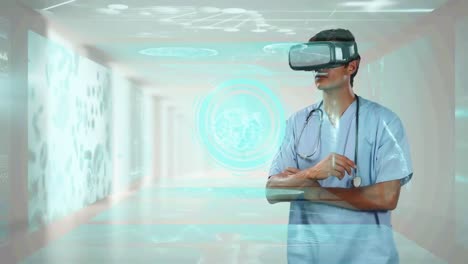 digital clock and screens with medical data processing against male doctor wearing vr headset