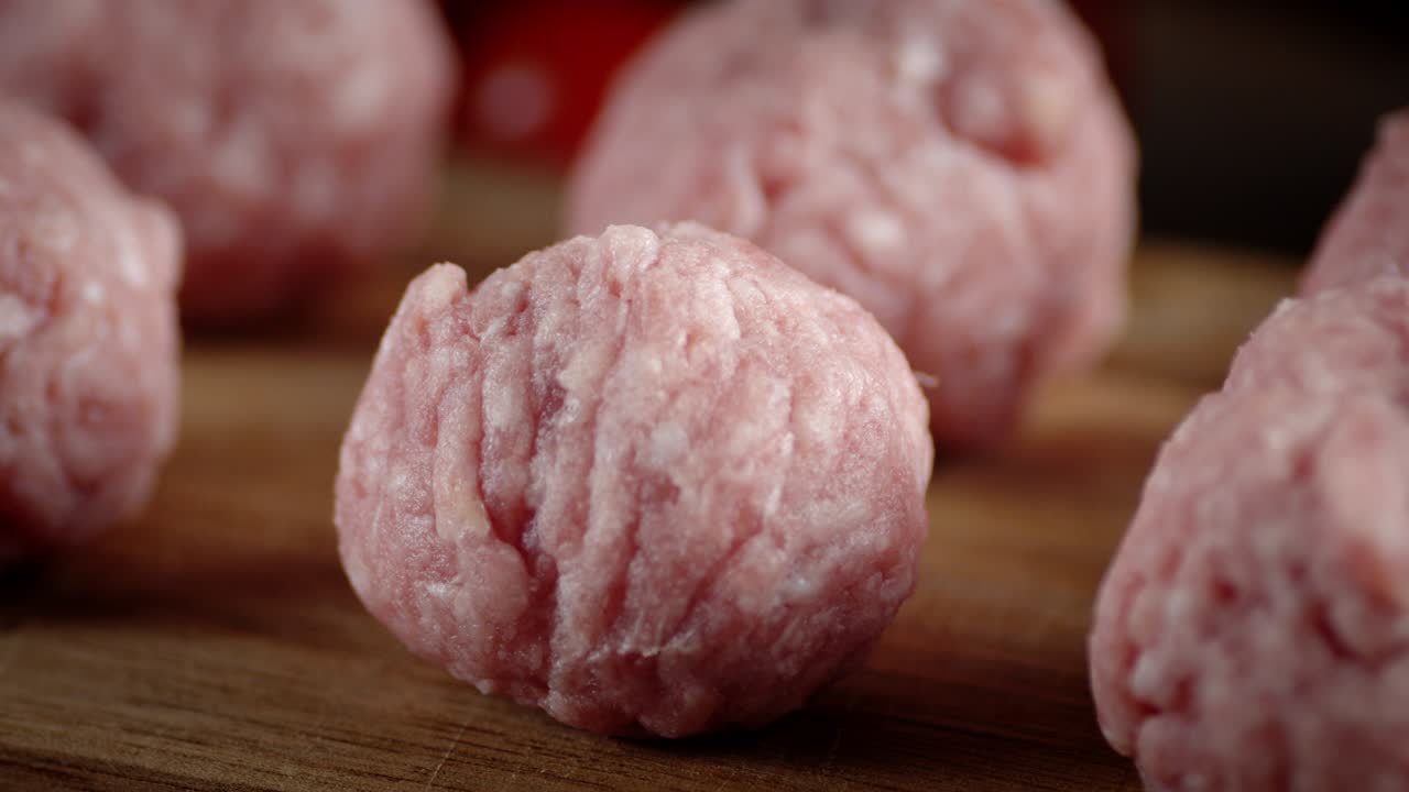 le polpette crude per la frittura ruotano lentamente sul tavolo.