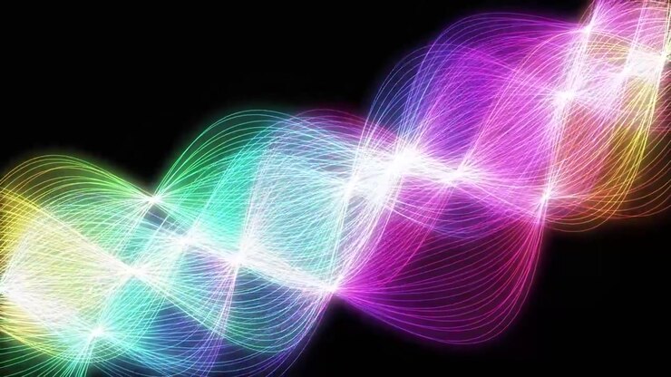 Luminous multicolored energy waves flow and intersect continuously against a dark background.