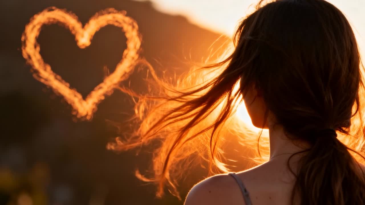 Donna in piedi con top a spallina sottile che osserva la fiamma di un cuore al tramonto sulla collina, con una leggera brezza che le solleva i capelli
