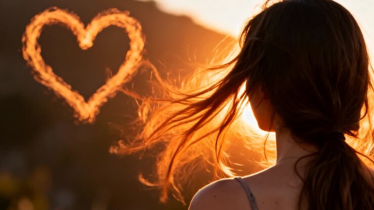 Donna in piedi con top a spallina sottile che osserva la fiamma di un cuore al tramonto sulla collina, con una leggera brezza che le solleva i capelli