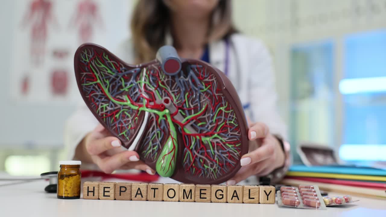 Medical professional demonstrating a liver model with 'HEPATOMEGALY' displayed