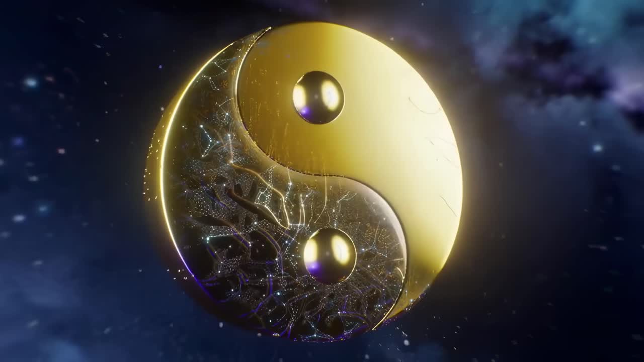 Un video a tema cosmico con un simbolo yin-yang in 3D, ripreso da un’angolazione dal basso