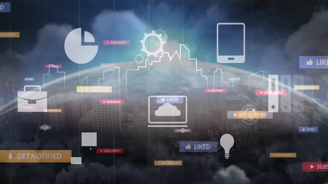 Animation of various icons while cityscape seen on earth revolving in background