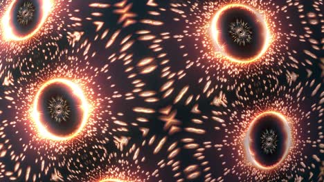 animation rotation of abstract sci-fi technology gold particles rings pattern decoration textured with glowing dotted pattern. 4k 3d seamless loop glowing pixelated animation on black. vj loop.