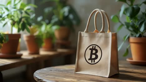 bitcoin tote bag on wooden table surrounded by plants