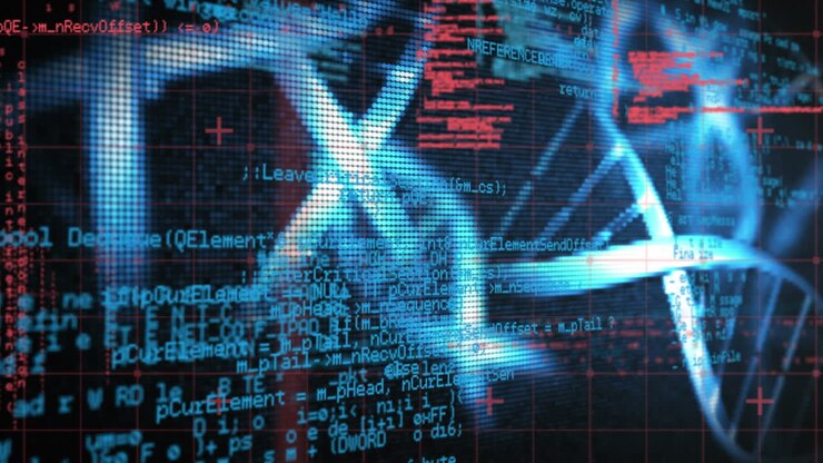 Animation of dna strands spinning and medical data processing