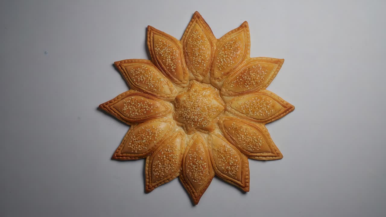 Zooming camera showing sunflower pastry with twelve petals on white sheet, revealing sesame seeds