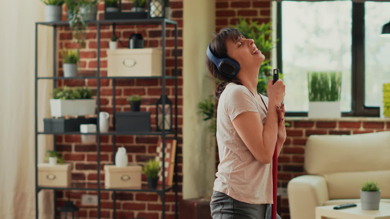 Cheerful adult singing and mopping wooden floors in apartment