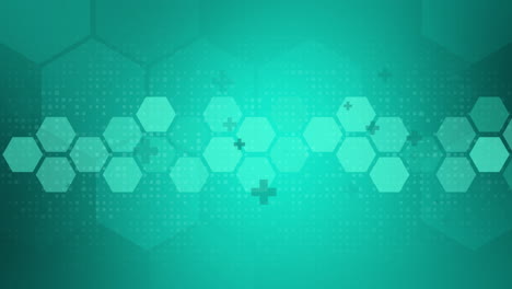 strip healthcare icons in hexagons. looped medical animation with geometric shapes of crosses on green background. copy space.