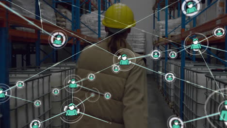 animation of network of connections with icons over caucasian female worker in warehouse