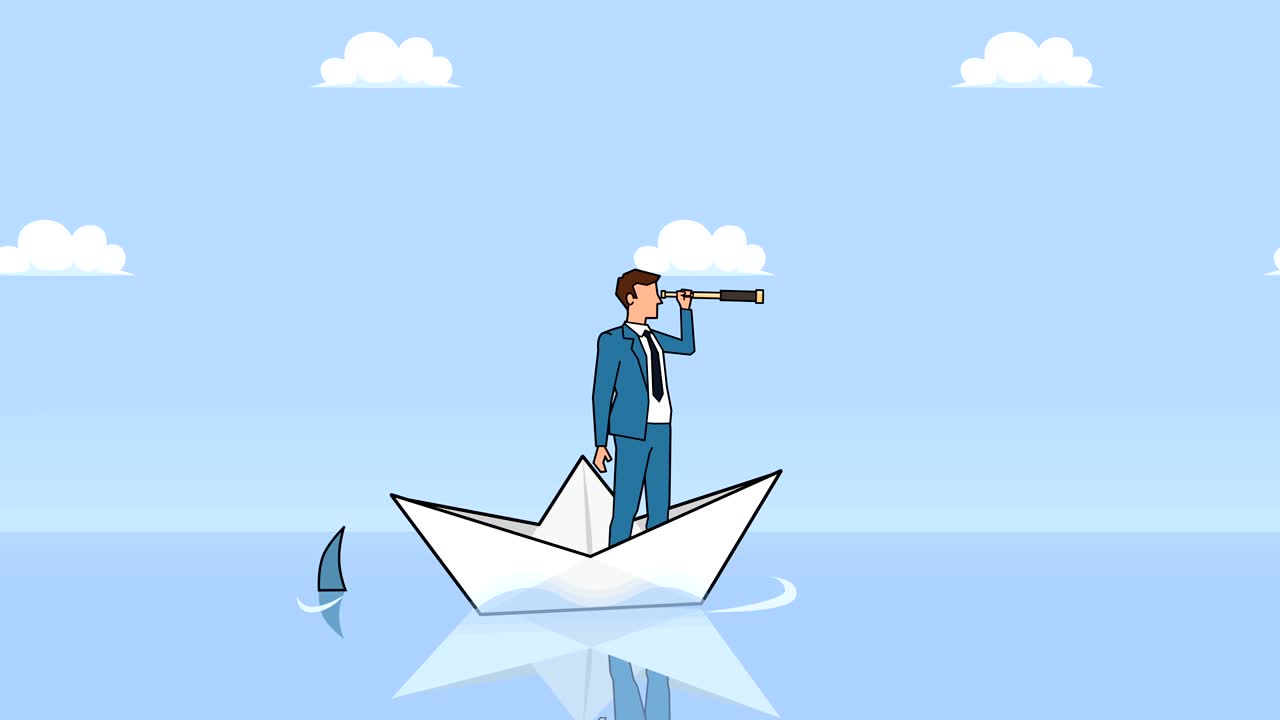 평평한 만화 사업가 캐릭터는 스파이글래스를 통해 종이 보트 애니메이션에서 상어 근처에 떠 있습니다.