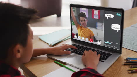 schoolboy using laptop for online lesson at home, with boy raising hand and webchat on screen