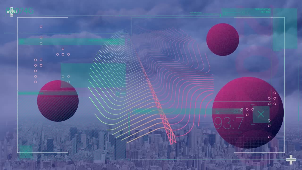 animación del procesamiento de datos con puntos sobre el paisaje urbano