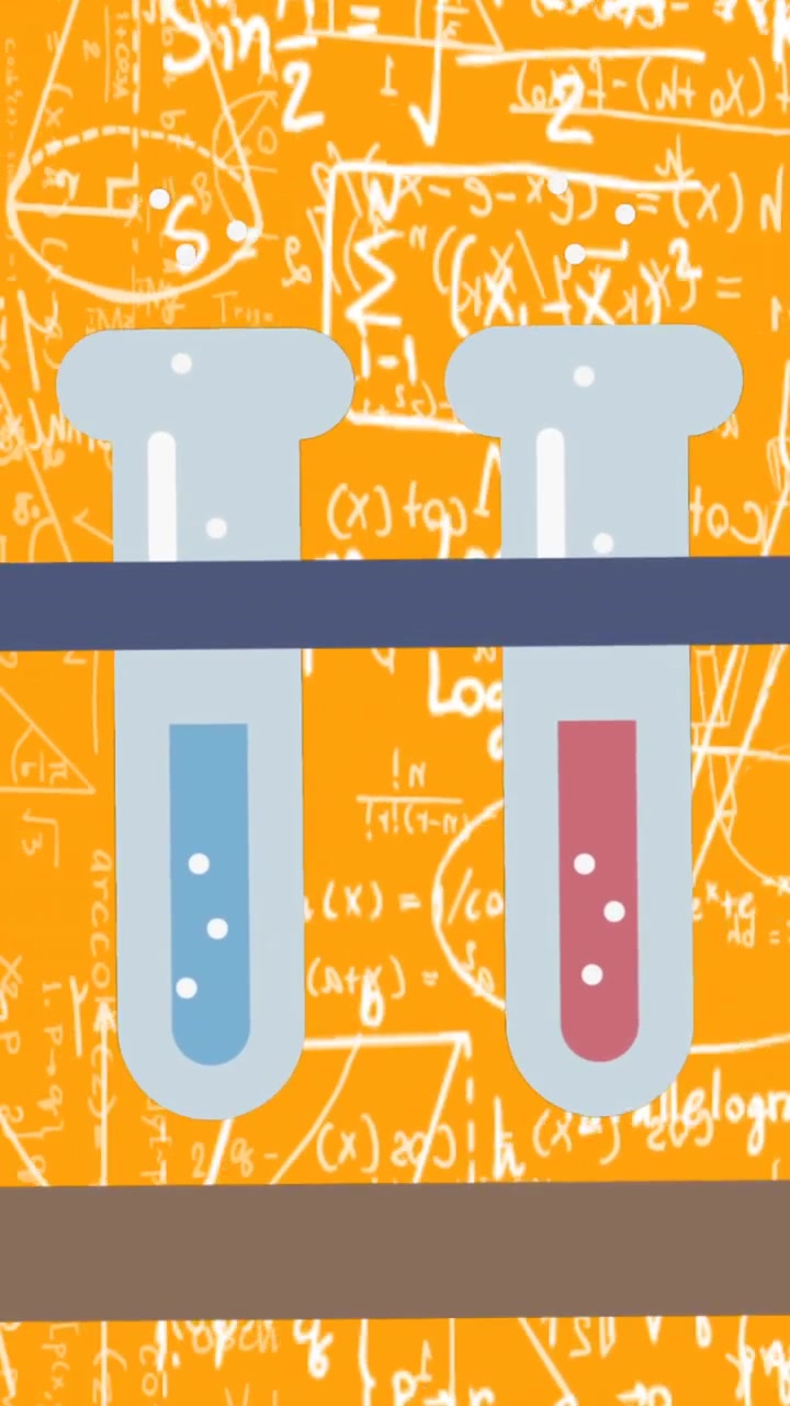 Animation af kemiske reagensglas over matematiske ligninger på orange baggrund