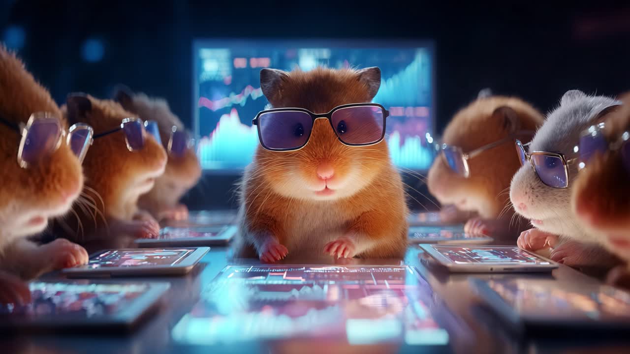 A group of hamsters, donning stylish sunglasses, gathers around a high-tech table, analyzing market trends on tablets while showcasing their clever and playful personalities