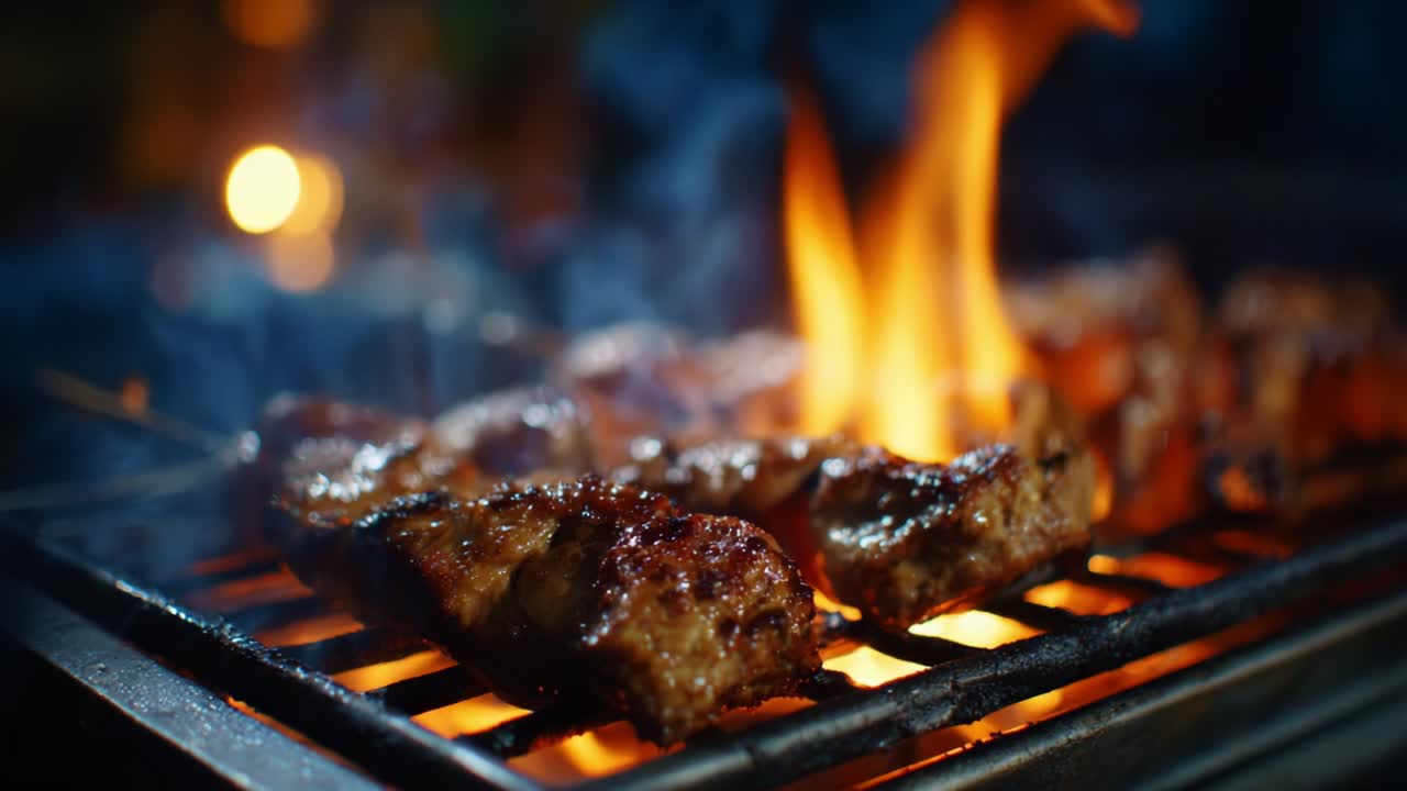 Sizzling Skewers: A Culinary Delight of Grilled Meat Cooking Over an Open Flame, Showcasing the Art of Barbecuing with Perfectly Charred Pieces of Juicy, Smoky Flavor