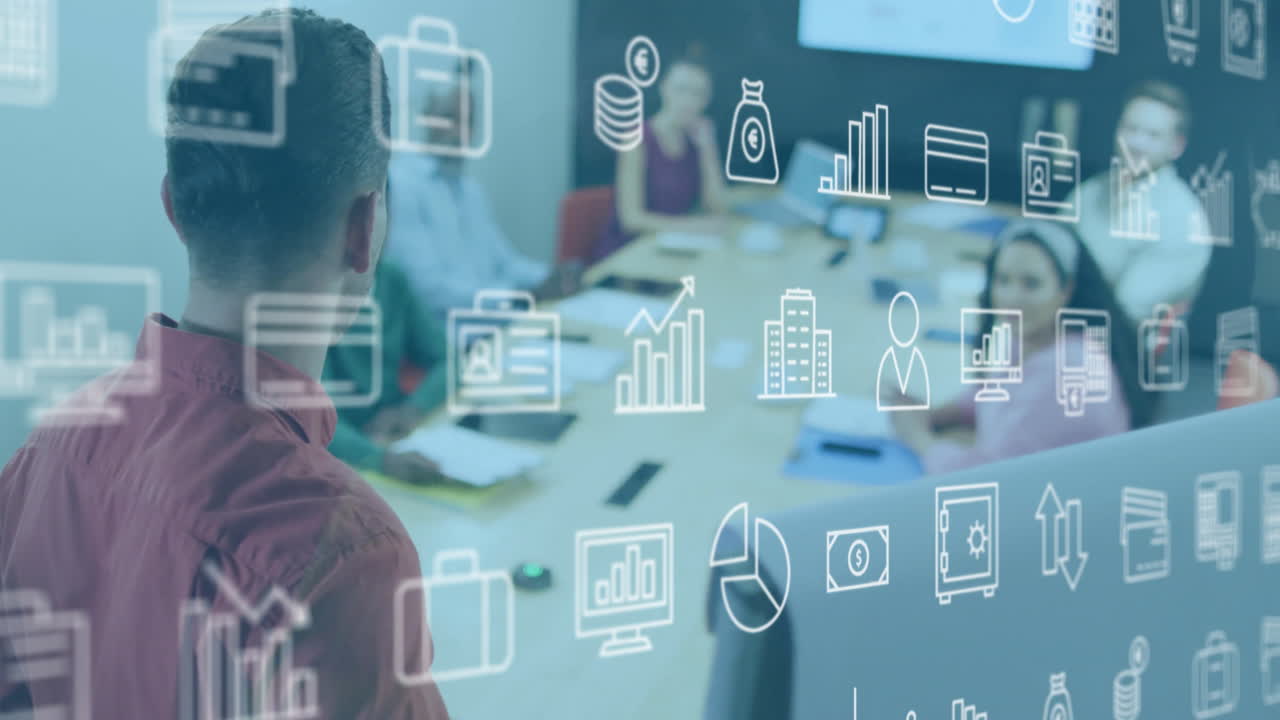 animación de iconos empresariales sobre diversos colegas en la reunión