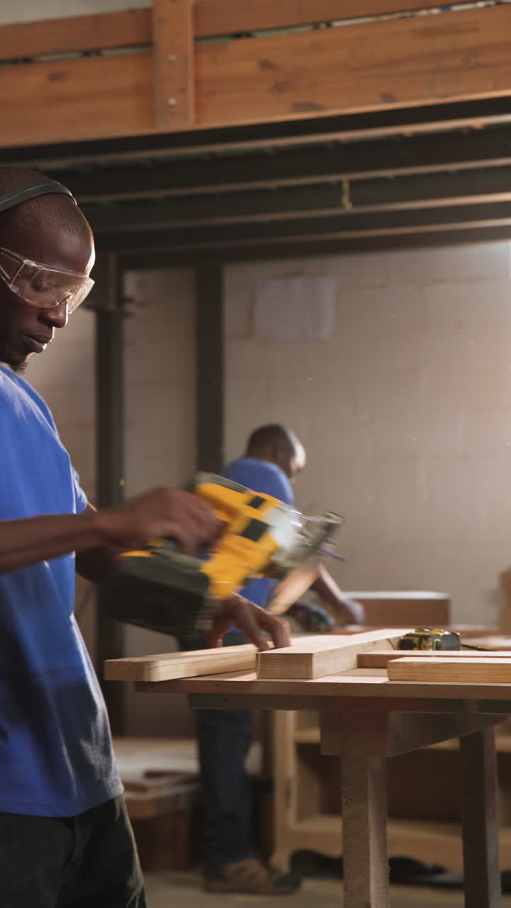 Vertical video: Mid adult man powering jigsaw on bench cutting plank, inspecting and marking it