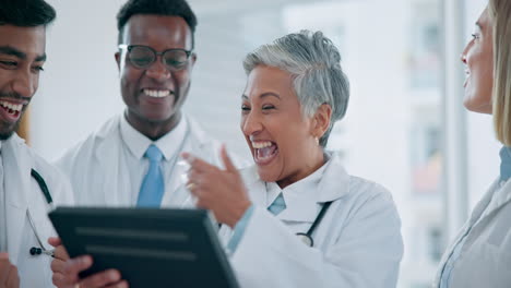 healthcare, doctors and tablet for team success