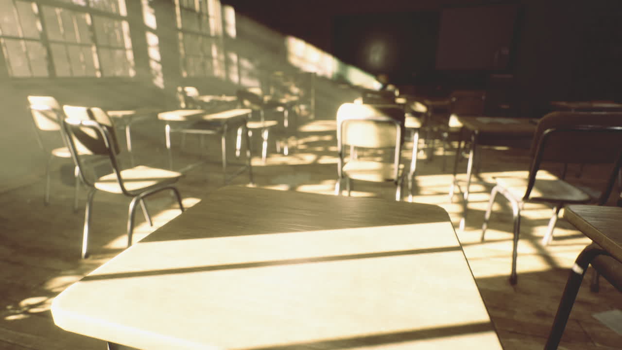 Empty classroom filled with warm sunlight during the late afternoon hours