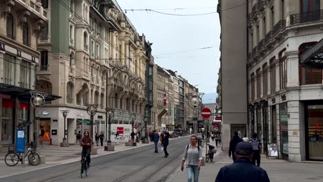 city street scene with people walking