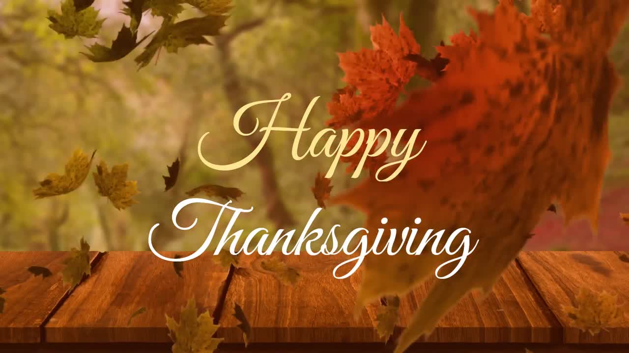 Animation of happy thanksgiving text and autumn leaves falling over wooden plank against forest park