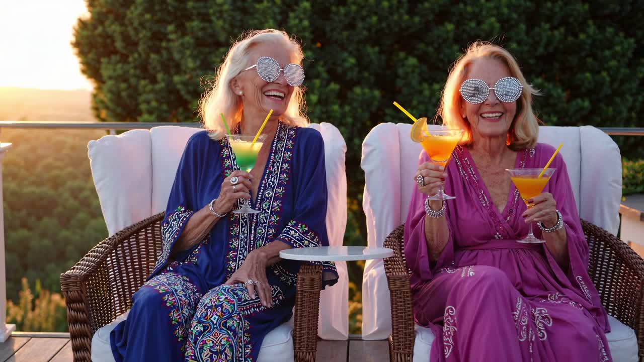 Two elegant senior women are toasting with cocktails, sitting on comfortable wicker chairs on a terrace overlooking a beautiful sunset landscape, wearing colorful dresses and sunglasses