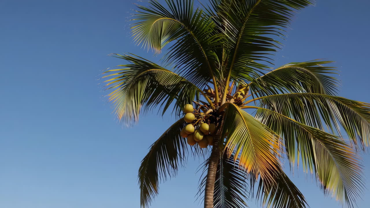 Tropical Palm Tree with Coconuts Against Blue Sky