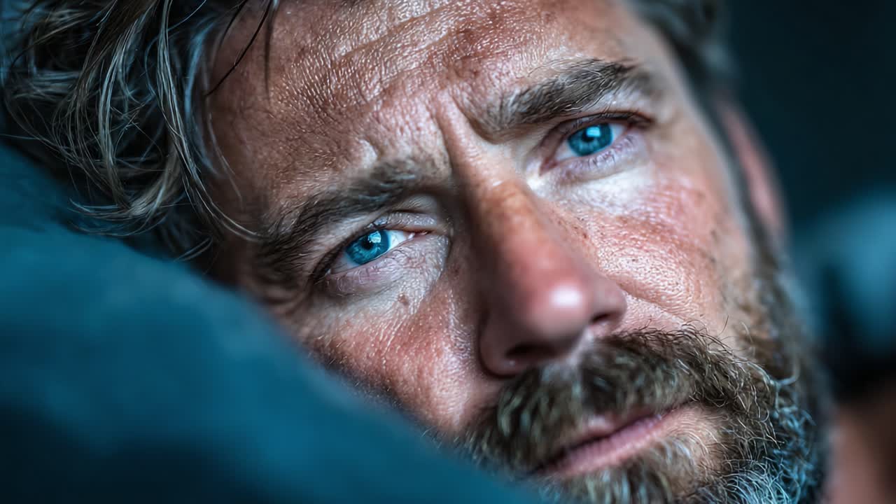 A contemplative close-up portrait capturing a man's expressive blue eyes and rugged features, reflecting deep emotions and thoughts in a serene atmosphere