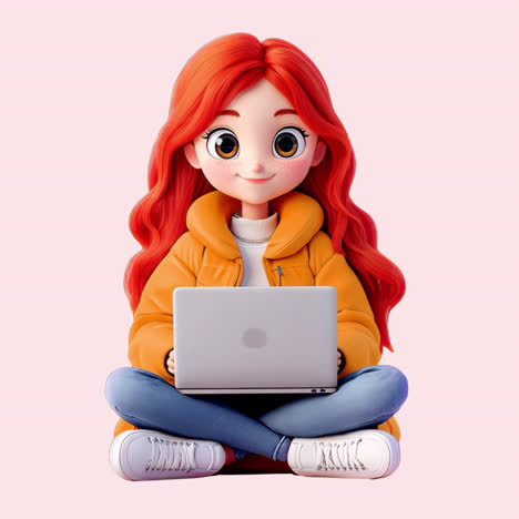 animated girl using laptop animation isolated asset, transparent 4k video, alpha channel, prores