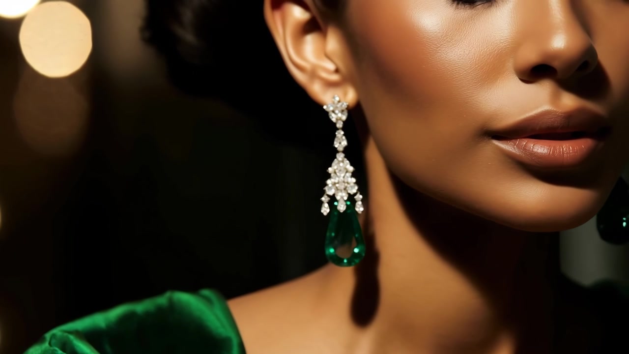 Donna elegante con lussuosi orecchini di smeraldi e diamanti