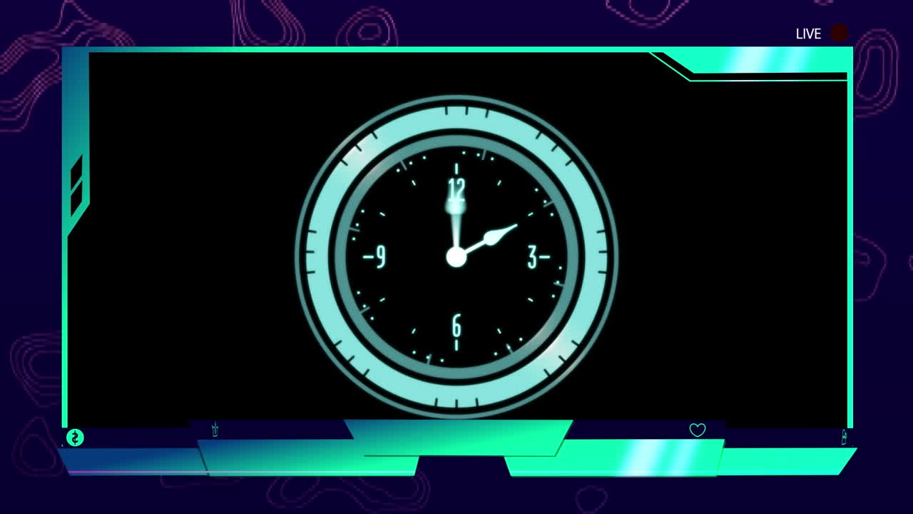 Animation of clock with rotating hands on live video feed interface with black background
