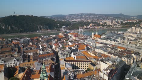 cinematic establishing shot above budapest city with erzsebet bridge in background