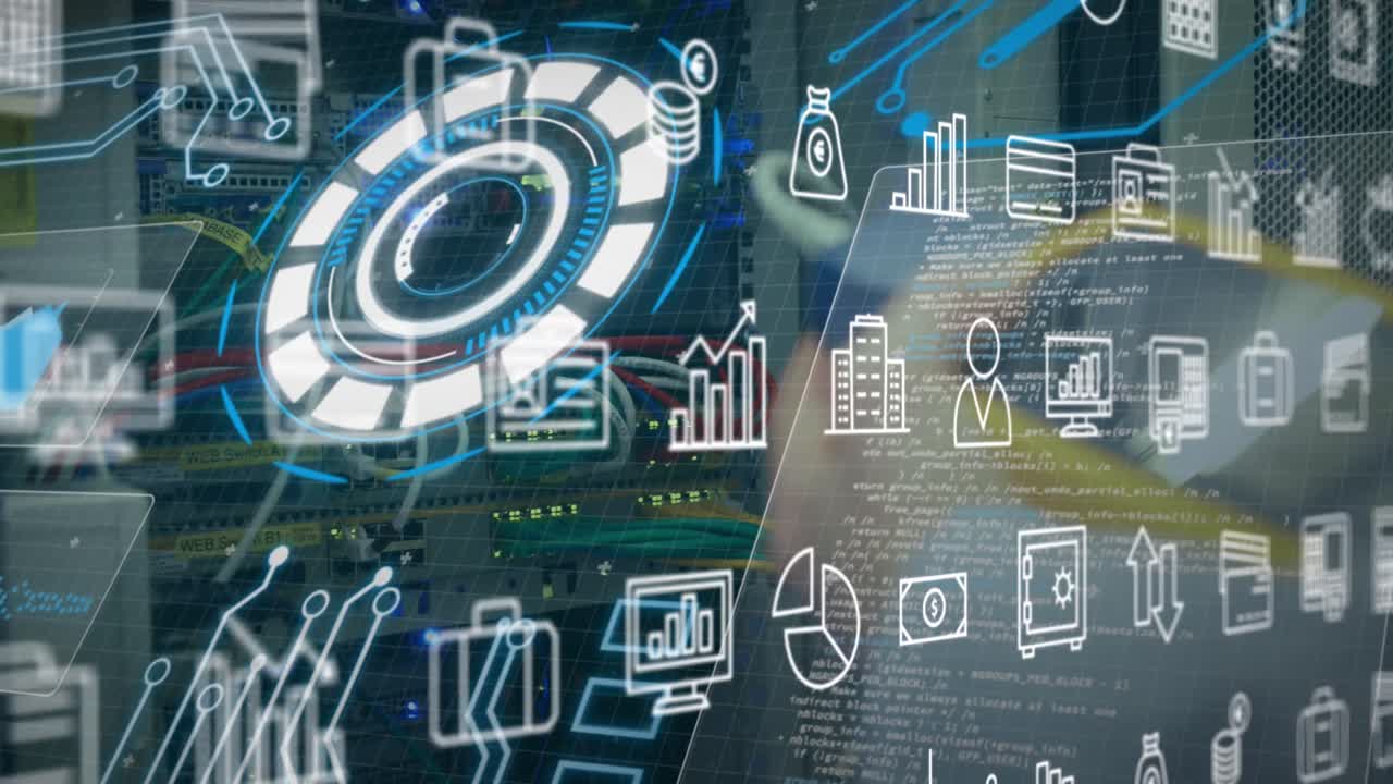 스캔 범위와 서버  ⁇  위의 아이콘과 함께 디지털 인터페이스의 애니메이션