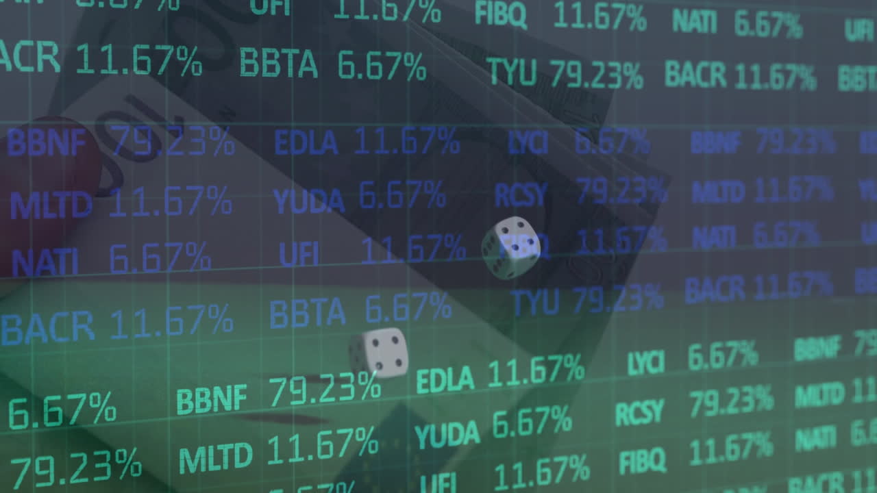 두 개의 주사위와 녹색 배경의 유로 통화 지폐에 대한 금융 데이터 처리 애니메이션