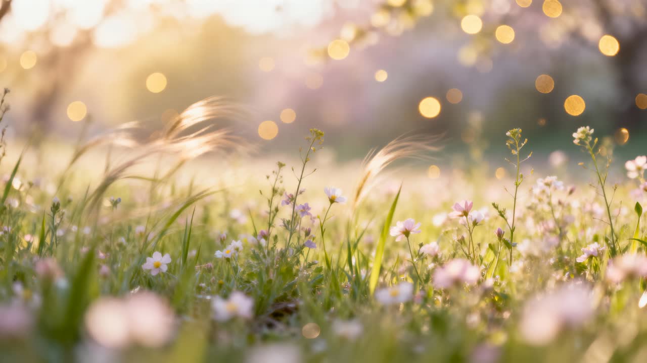 そよ風になびく小さな白と淡いピンクの野花、草原で揺れる草の葉、ボケ。