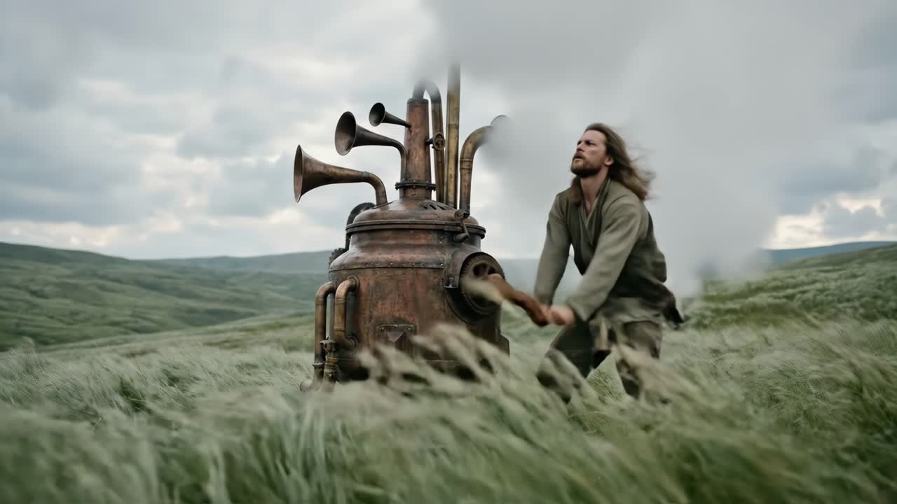 Uomo che aziona una macchina steampunk che emette vapore in un campo erboso
