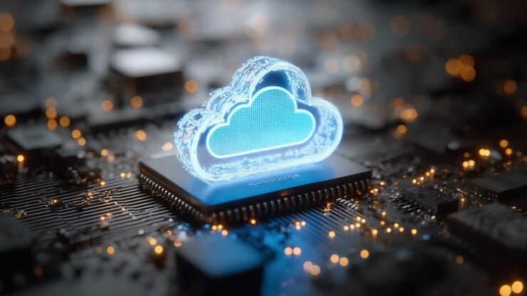 A Digital Cloud Icon Prominently Displayed on a Computer Chip with a Background of Circuitry, Symbolizing Cloud Computing and Advanced Technology Innovations