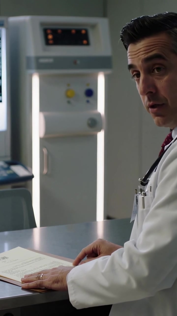 Video verticale: Medico in camice che appoggia una cartella, la sfoglia in clinica, indicando per l'esame, con spazio per il testo.