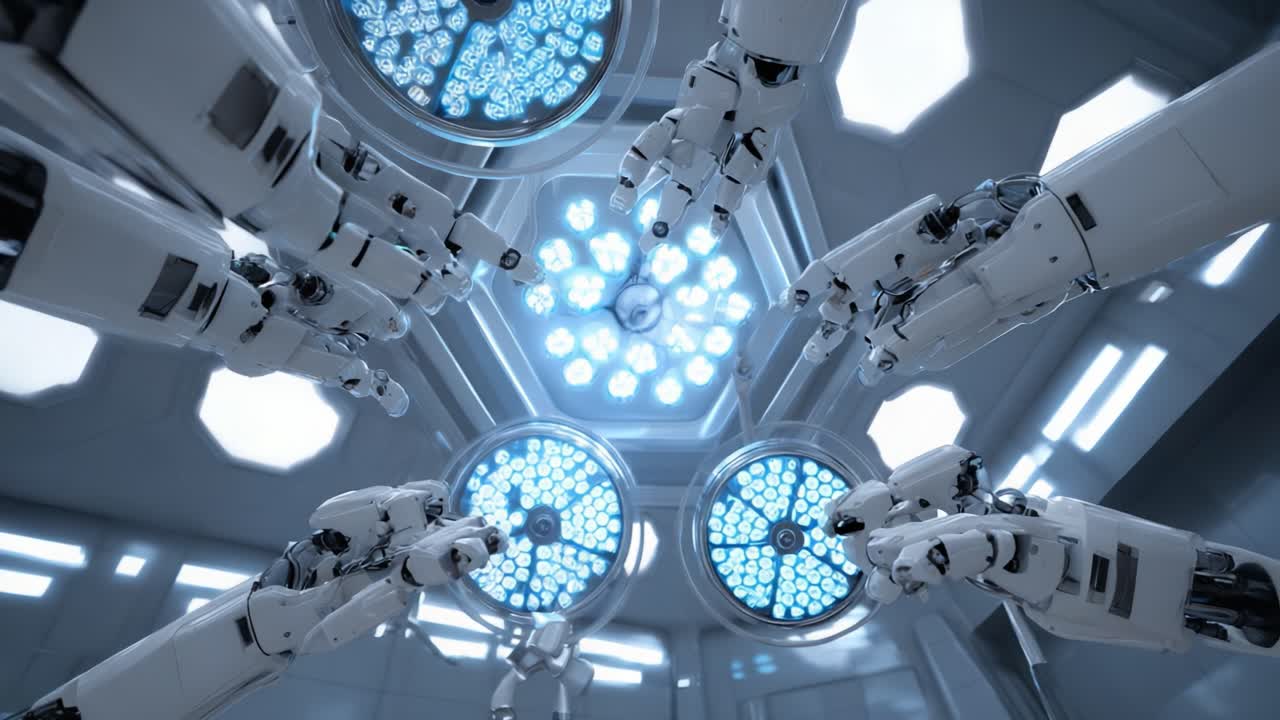A Dramatic Perspective of Advanced Robotic Hands Engaging with a Futuristic Lighting System in a High-Tech Environment