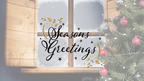 Animation-of-seasons-greetings-christmas-text-with-tree-over-winter-snowy-window