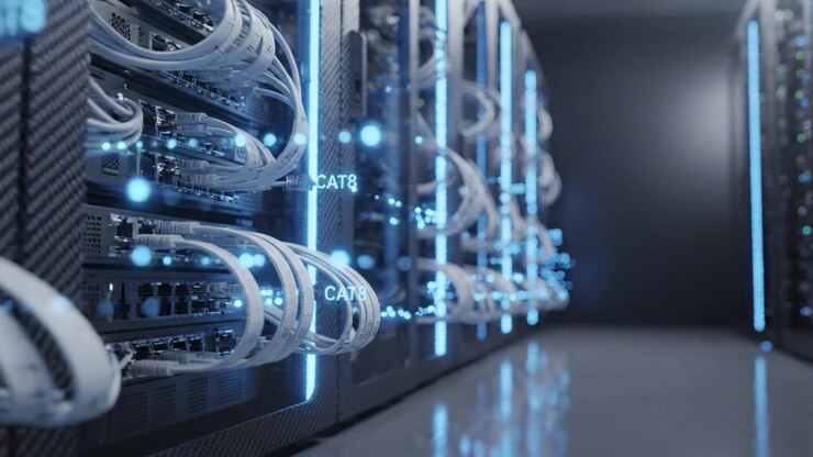 A High-Tech Data Center Showcasing Advanced Server Racks with Illuminated Cables and Cat8 Connectivity for Optimal Data Transmission Performance