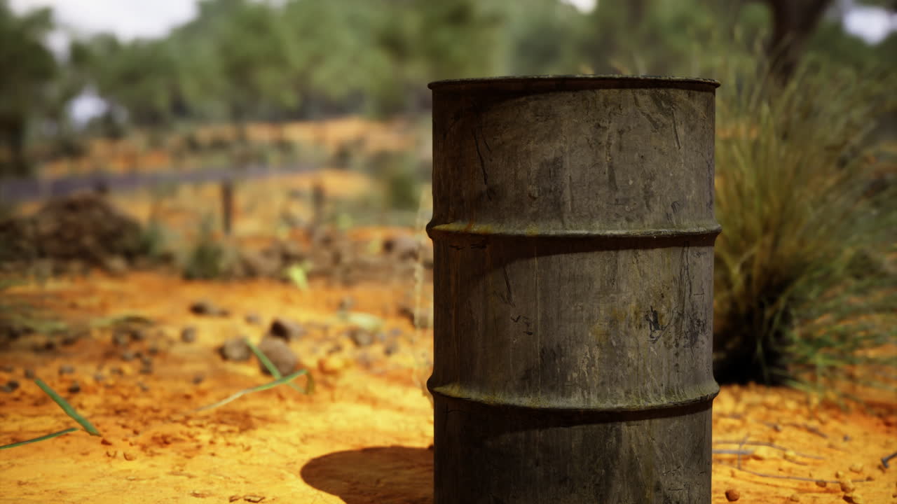Weathered barrel amidst rugged landscape under bright blue sky in afternoon