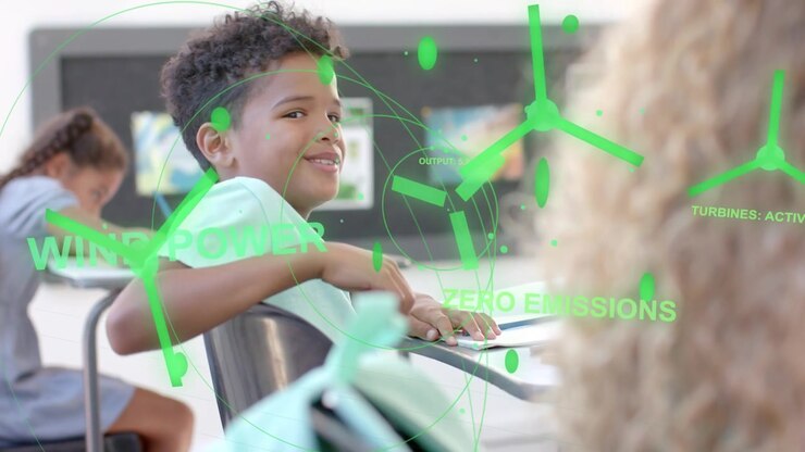 Boy seated desk, wind HUD drifting across classroom, revealing turbines, turning head, smiling
