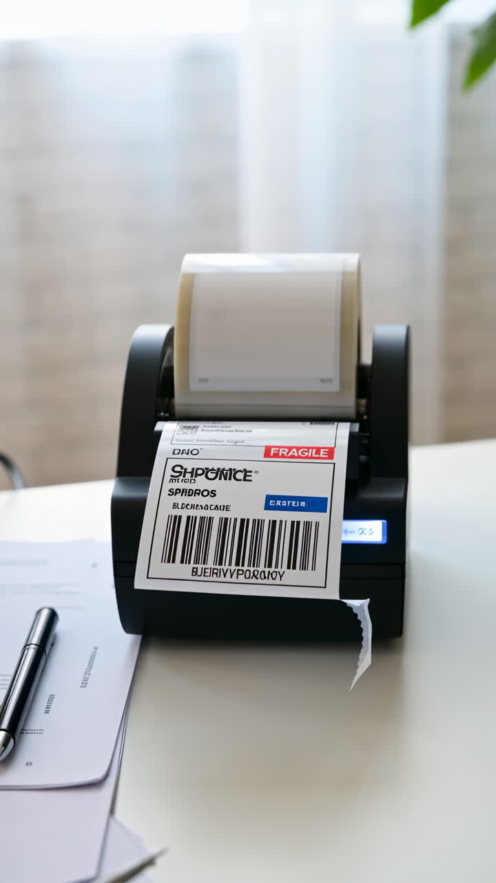 Close-up of a Thermal Label Printer Printing a Shipping Label