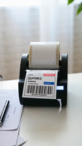 close-up of a thermal label printer printing a shipping label