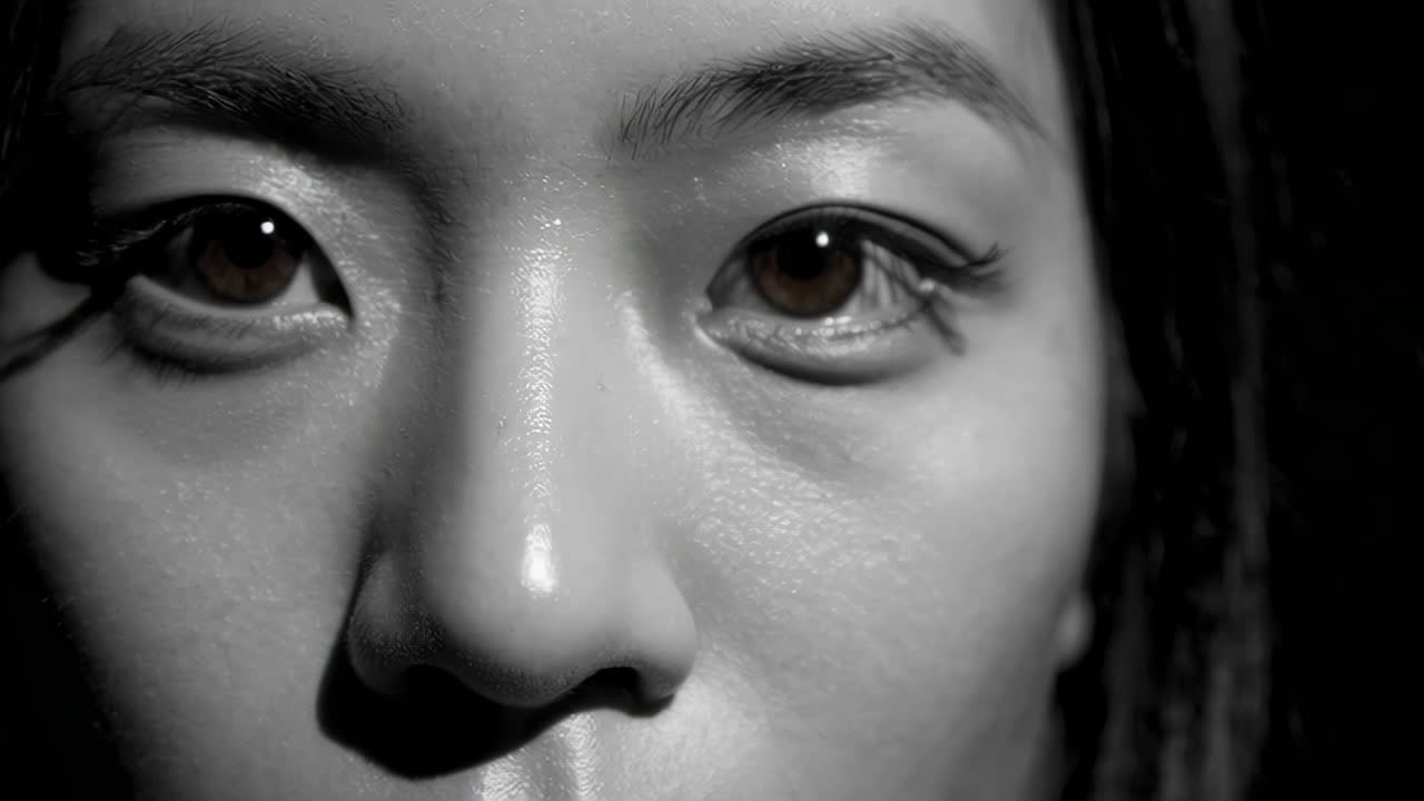 Close-up grayscale portrait of a woman's eyes and face