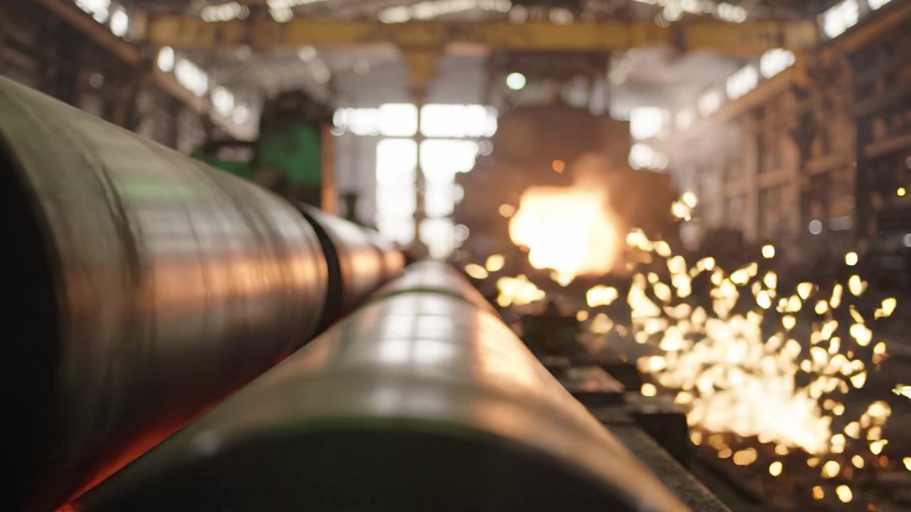 Processo industriale: inquadrature illuminate che catturano tubi metallici in uno stabilimento di produzione, con calore e luce di fondo che emanano dai macchinari di produzione.