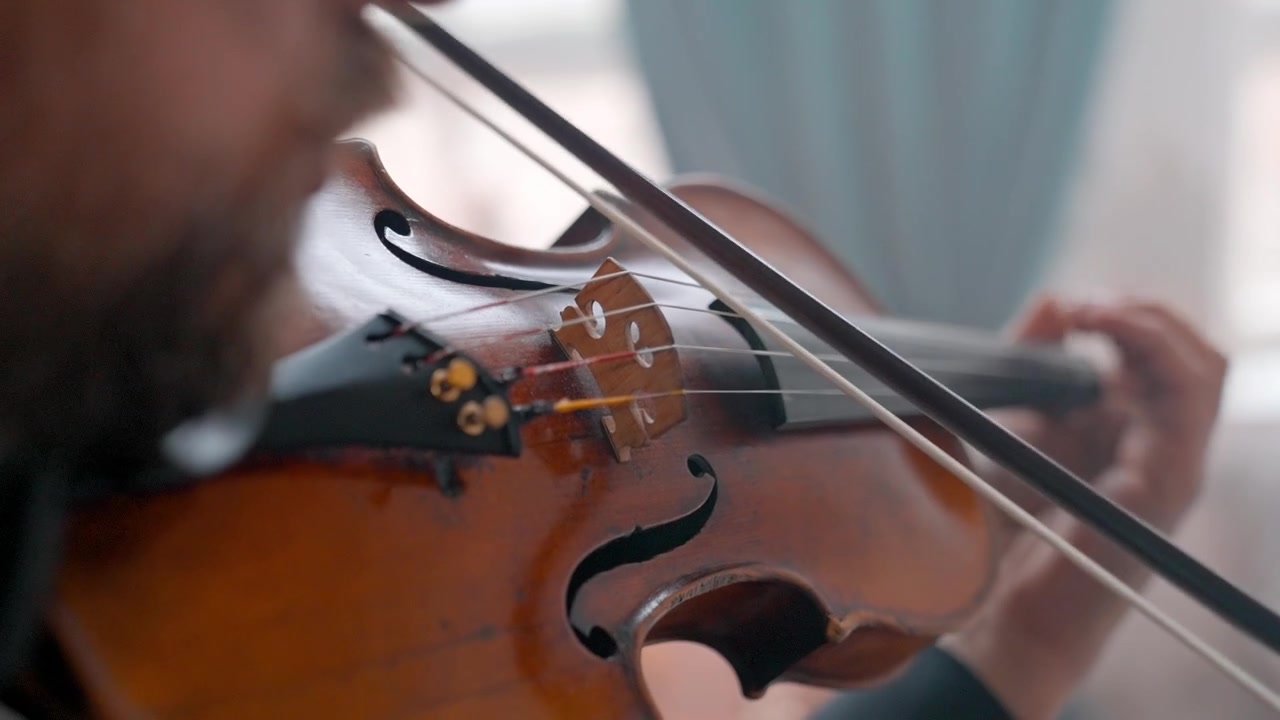Close-up of a Musician Playing a Violin with a Bow